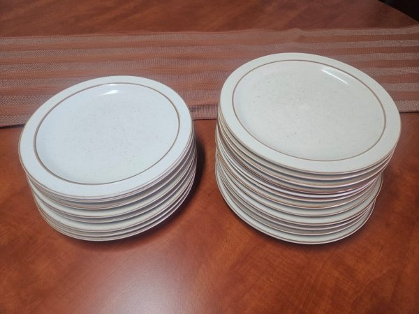 Speckled Stoneware Dinner Service — ~24 Plates, Tan Rim Line