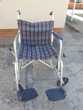 Folding Wheelchair — Chrome Frame, Tartan Upholstery, with Footplates
