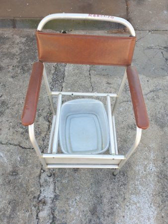 Commode Chair — Aluminium Frame, Tan Vinyl Back & Arms, with Pan