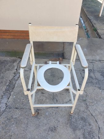 Commode / Shower Chair — Cream Frame on Castors, Padded Arms
