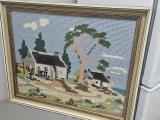Set of 3 Framed Vintage Needlepoint Tapestries — Cottage, Macaw & Floral - Image 4