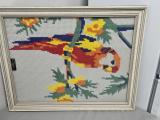 Set of 3 Framed Vintage Needlepoint Tapestries — Cottage, Macaw & Floral - Image 3