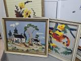 Set of 3 Framed Vintage Needlepoint Tapestries — Cottage, Macaw & Floral - Image 1