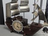 Vintage Wooden Sailing-Ship Mantel Clock and Lamp with Metal Sails - Image 1