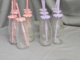 8-Piece Glass Milk-Bottle Party Set with Gingham Lids & Striped Straws - Image 1