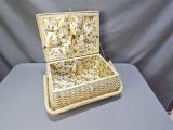 Vintage Wicker Sewing Basket — Hinged Lid, Yellow Floral-Lined Interior - Image 9