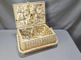 Vintage Wicker Sewing Basket — Hinged Lid, Yellow Floral-Lined Interior - Image 8