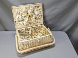 Vintage Wicker Sewing Basket — Hinged Lid, Yellow Floral-Lined Interior - Image 7