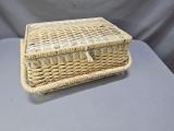 Vintage Wicker Sewing Basket — Hinged Lid, Yellow Floral-Lined Interior - Image 3