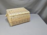 Vintage Wicker Sewing Basket — Hinged Lid, Yellow Floral-Lined Interior - Image 2