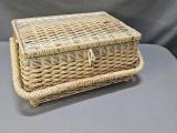 Vintage Wicker Sewing Basket — Hinged Lid, Yellow Floral-Lined Interior - Image 1