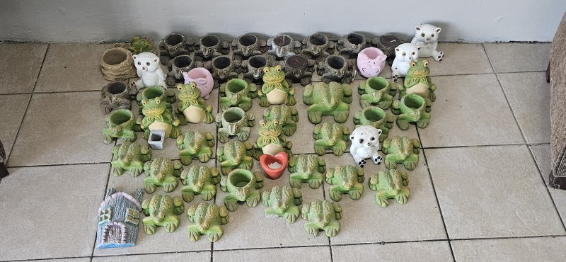 Cement Garden Ornament Mega Lot — Frog Planters, Animals & Fairy House