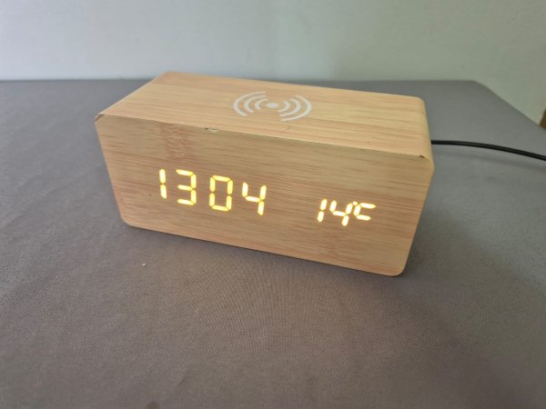 Bamboo LED Digital Alarm Clock with Qi Wireless Charging Pad