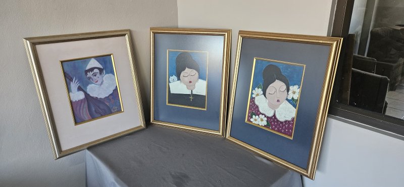 Trio of Gold-Framed Pierrot & Lady Paintings — Vintage Whimsy