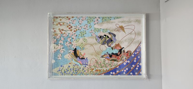 Framed Japanese Heian-Style Print — Court Figures & Cherry Blossoms