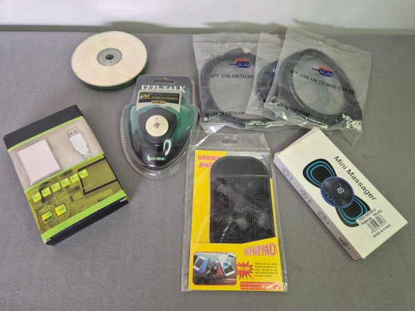 Mixed Tech Accessories Bundle — Blank CDs, USB Cables, FM Earpiece, Massager & More