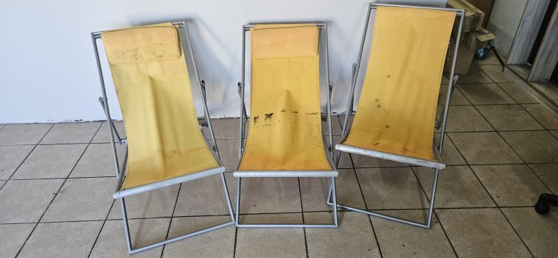 Set of 3 Retro Folding Deck Chairs — Yellow Canvas, Aluminium Frame
