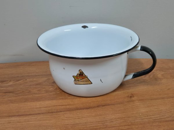 Vintage Phoenix Enamel Chamber Pot — White with Black Rim