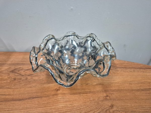 Silver-Overlay Ruffled Glass Bowl — Floral, approx 26cm