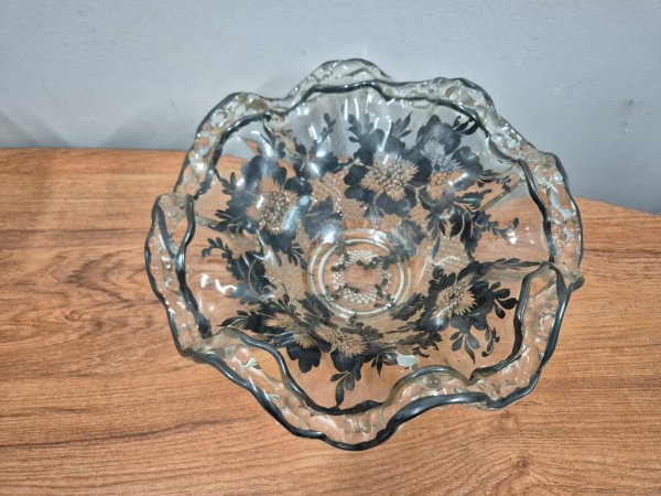 Silver-Overlay Ruffled Glass Bowl — Floral, approx 26cm