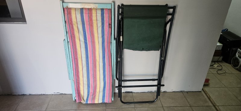 Pair of Folding Garden Chairs — Vintage Wooden Deck Chair + Green Metal Recliner