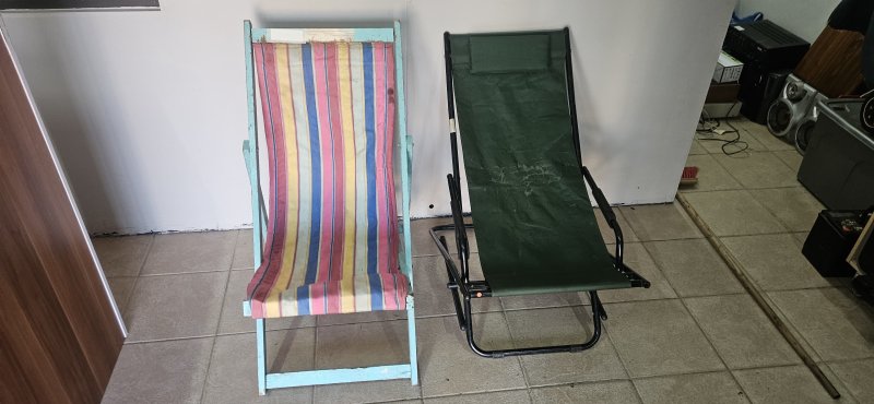 Pair of Folding Garden Chairs — Vintage Wooden Deck Chair + Green Metal Recliner