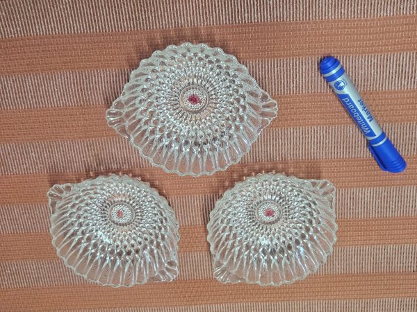 Three Vintage Pressed Glass Shell Dishes — Hobnail with Red Centre