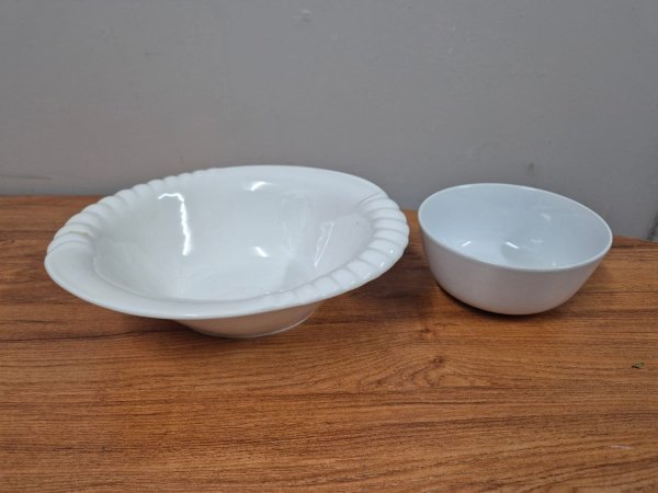 White Ceramic Serving Bowls — Scalloped Rim Pair