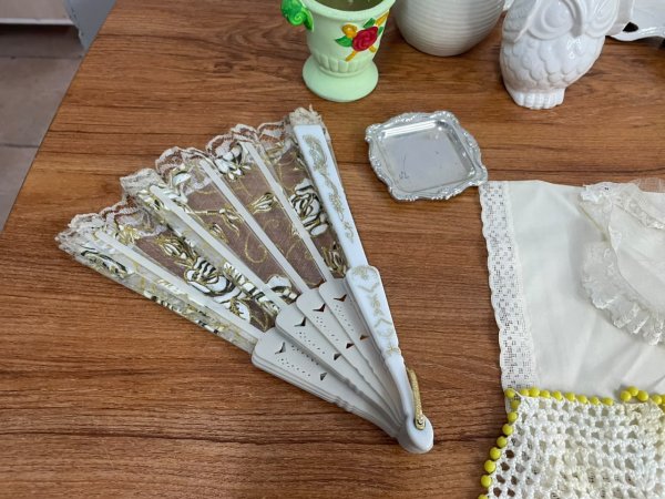 Vintage Decorations Collection — Ceramics, Silver-Plate Tray, Hand Fan & Lace Linens