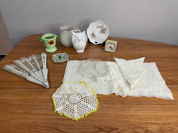 Vintage Decorations Collection — Ceramics, Silver-Plate Tray, Hand Fan & Lace Linens