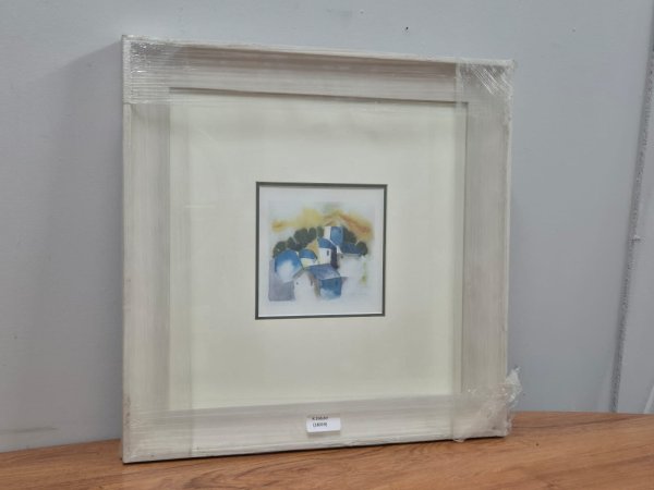 Framed Watercolour Print — Mediterranean Village, Limewash Frame