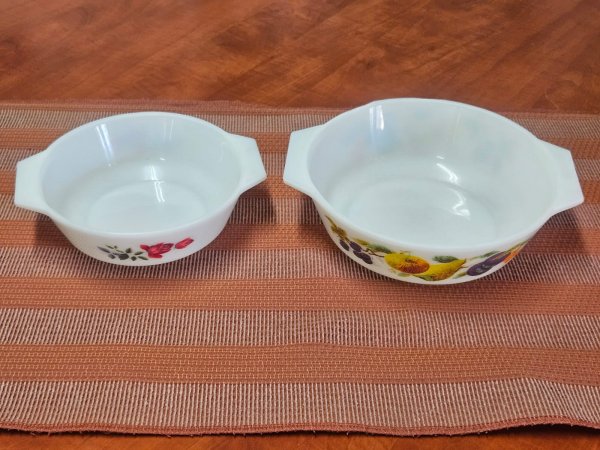 Two Vintage Opal Glass Casserole Dishes — Rose & Fruit Patterns