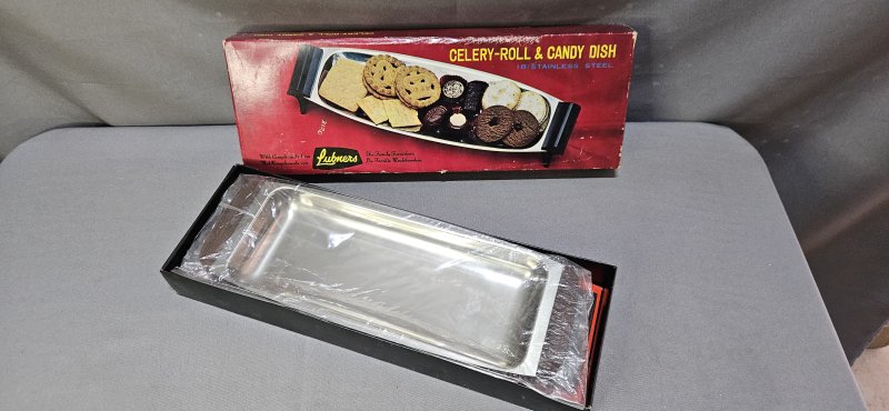 Vintage Lubners Stainless Steel Celery-Roll & Candy Dish — Boxed