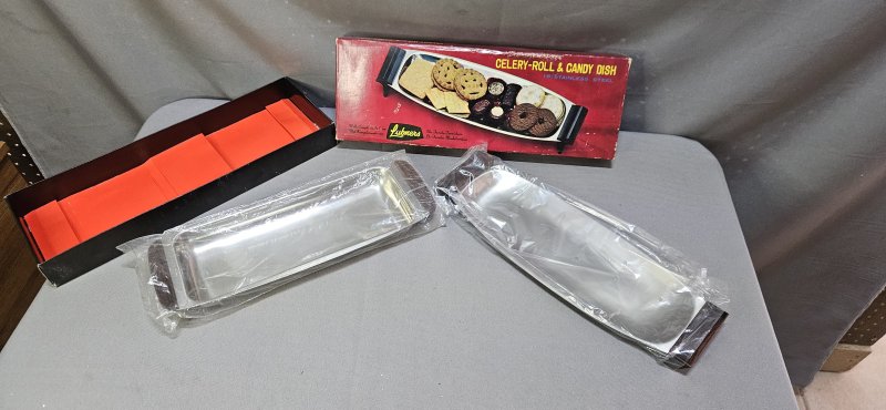 Vintage Lubners Stainless Steel Celery-Roll & Candy Dish — Boxed