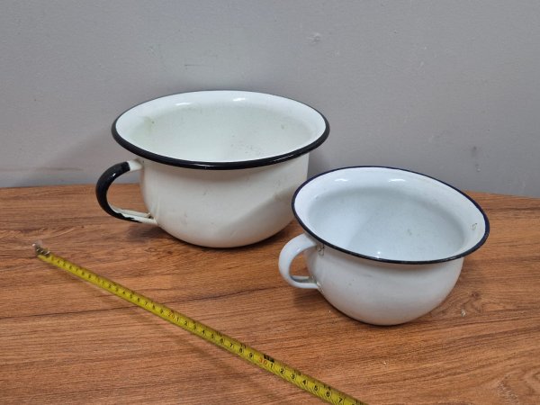 Two Vintage Enamel Chamber Pots — Black and Navy Rims