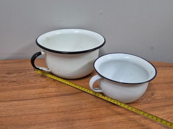 Two Vintage Enamel Chamber Pots — Black and Navy Rims