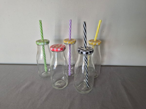 Set of 5 Glass Milk-Bottle Drink Jars with Gingham Lids & Straws