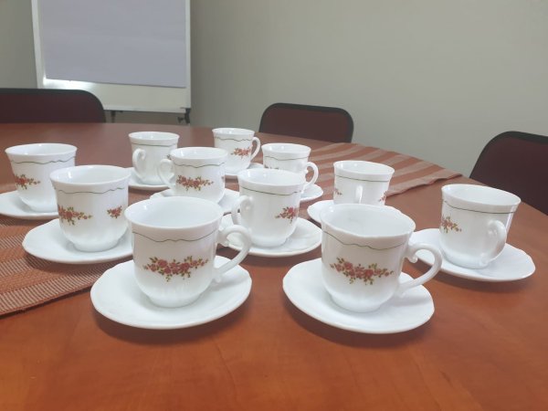 Opal Glass Rose-Pattern Teacup & Saucer Set — 12 Duos, Arcopal Style