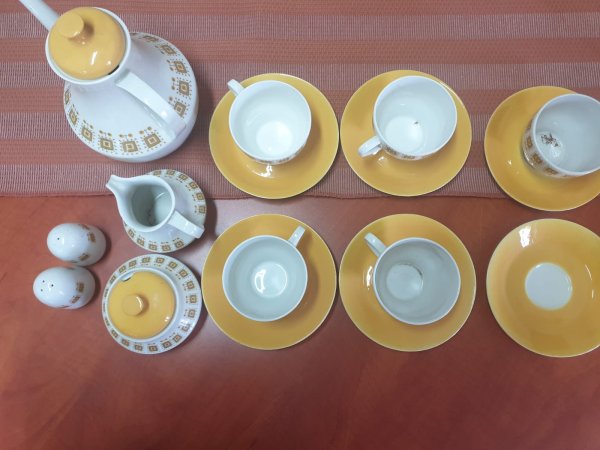 Retro 1960s Yellow Geometric Coffee Service — Pot, Jug, Sugar, Shakers & Cups