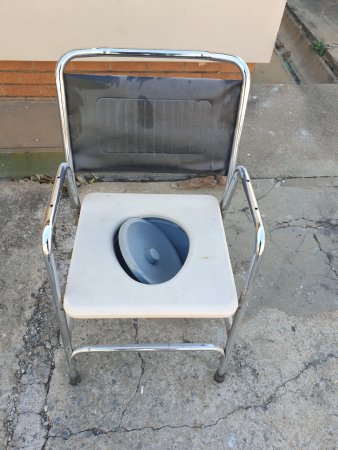 Commode Chair — Chrome Frame, Black Vinyl Back, with Grey Pan & Lid