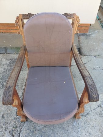 Carved Wooden Armchair — Floral Crest & Scrolled Arms, Upholstered
