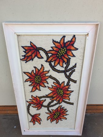 Framed Long-Stitch Embroidery — Orange & Red Flowers, White Frame