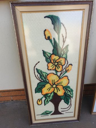 Framed Long-Stitch Embroidery — Yellow Flowers in Vase, Carved Frame