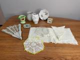 Vintage Decorations Collection — Ceramics, Silver-Plate Tray, Hand Fan & Lace Linens - Image 1